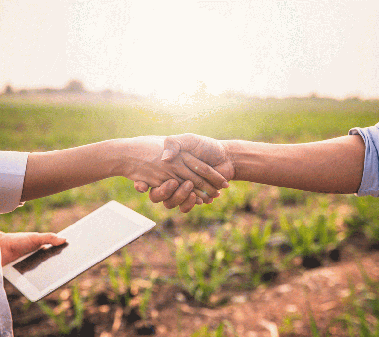 Handschlagqualität - zwei Personen reichen sich die Hand zum Vertragsabschluss auf landwirtschaftlichem Boden