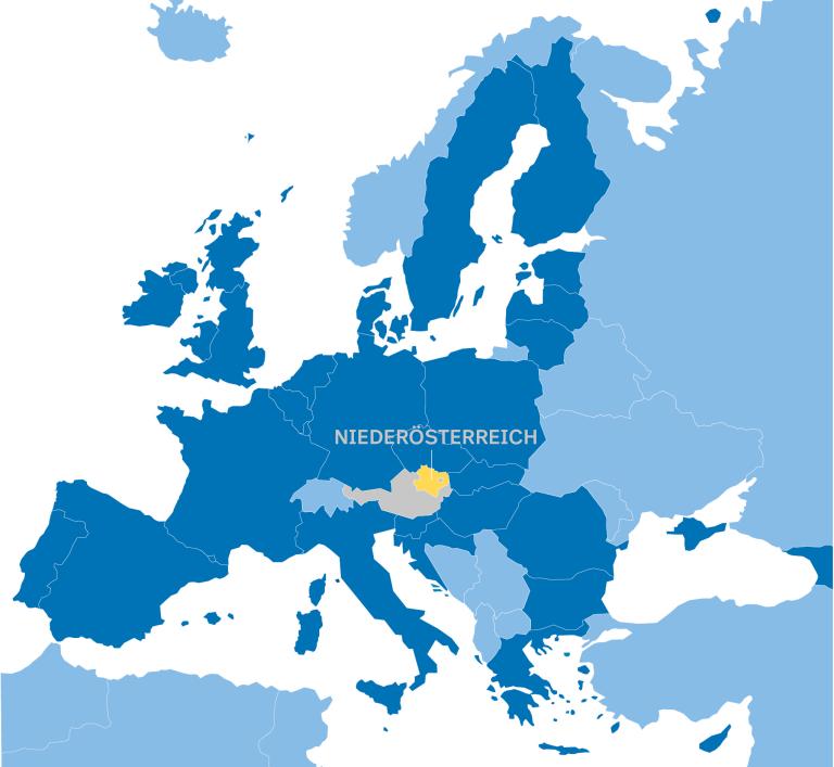 EU Karte mit blau eingefärbten EU-Ländern, Österreich grau und Niederösterreich gelb