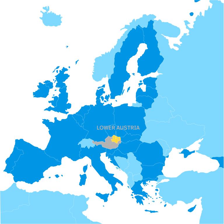 Blaue Europakarte mit Ländergrenzen und englischen Bezeichnung Lower Austria