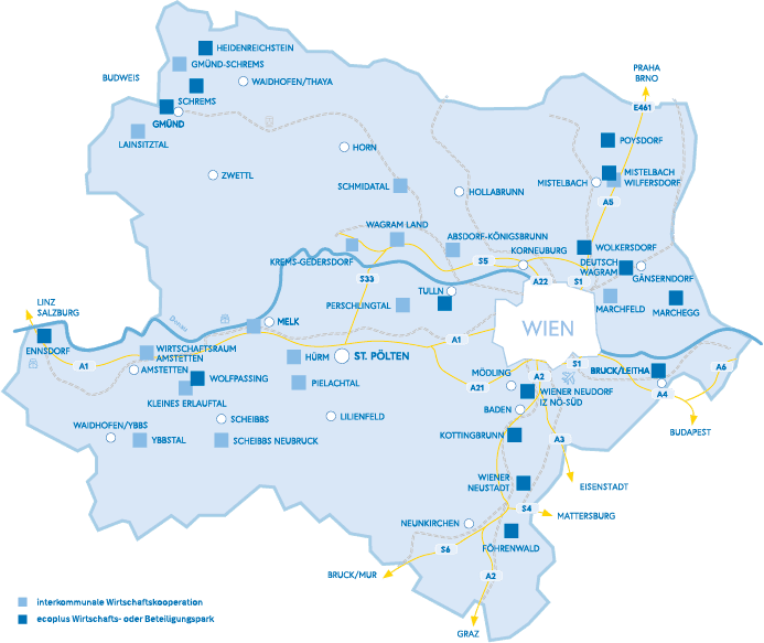 Niederösterreich Karte mit allen ecoplus Wirtschaftspark-Standorten und Wirtschaftskooperationen