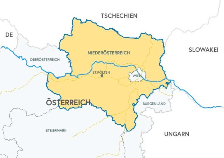 Gezeichnete Karte von Niederösterreich und umgebenden Bundesländern und Ländern