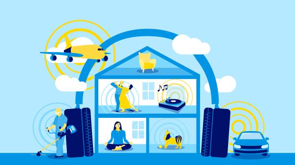 Grafik mit Haus, musikhörender Dame, Flugzeugen, Plattenspieler