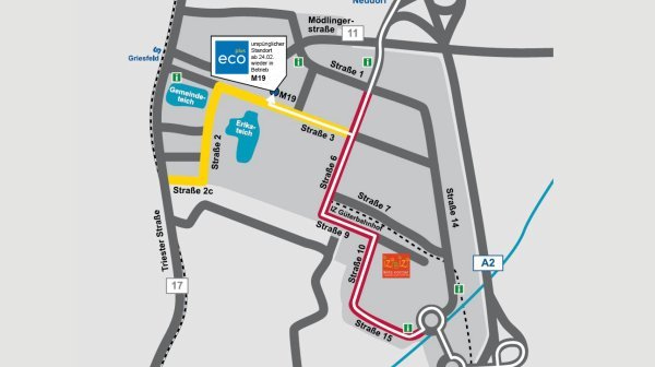 Lageplan IZ NÖ-Süd mit sanierten Objekt M19 und roten und gelben Anfahrtsrouten
