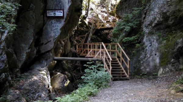 Holzstiege neben einer Steinwand