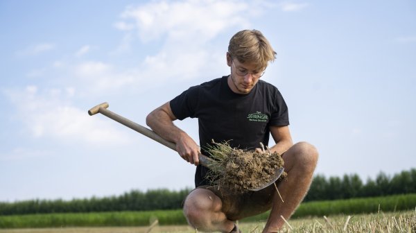 Mann mit Erdprofil auf Schaufel im Feld zu sehen
