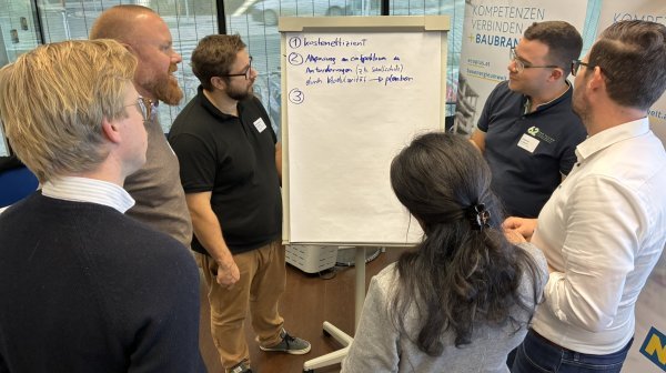 6 Menschen arbeiten an Flipchart