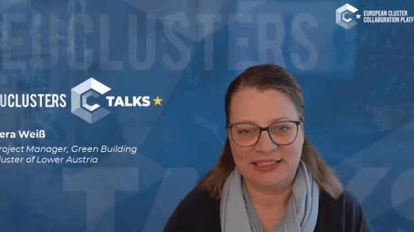 Frau spricht vor virtuellem Hintergrund