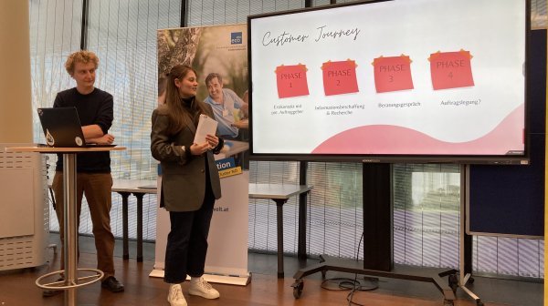 Personen stehen neben Präsentationsbildschirm und tragen etwas vor