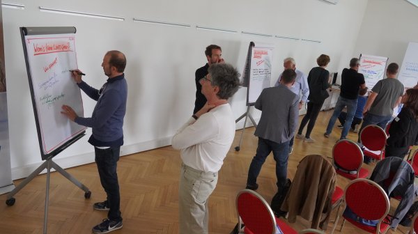 Personen schreiben auf Flipcharts